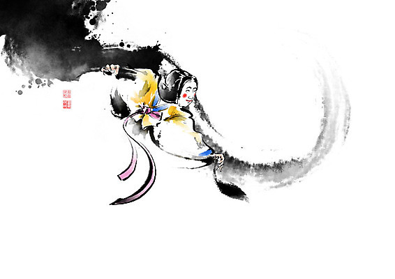 PSD 여자 전통문화 일러스트 캘리그라피 붓터치 한명 사람 춤 한복 탈춤 저고리 번짐 탈 부네탈 여자한명만 국내일러스트 1 한국전통 전통 문화 문화예술 가면 전통의상 전통공연 전통무용 여자만 파일형식 효과