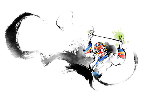 PSD 남자 전통문화 일러스트 캘리그라피 한명 들기 사람 춤 막대기 탈춤 번짐 탈 남자한명만 국내일러스트 1 전통 문화 모션 문화예술 가면 전통공연 전통무용 남자만 파일형식 효과