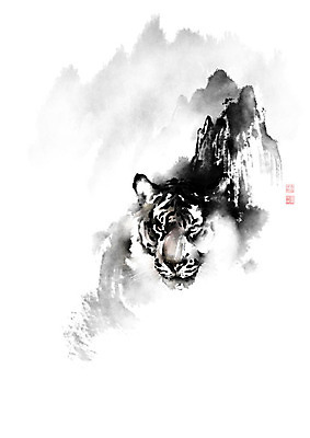 PSD 일러스트 캘리그라피 붓터치 산 형상 사람없음 안개 호랑이 동양화 번짐 낙관 국내일러스트 포유류 날씨 미술 파일형식 효과