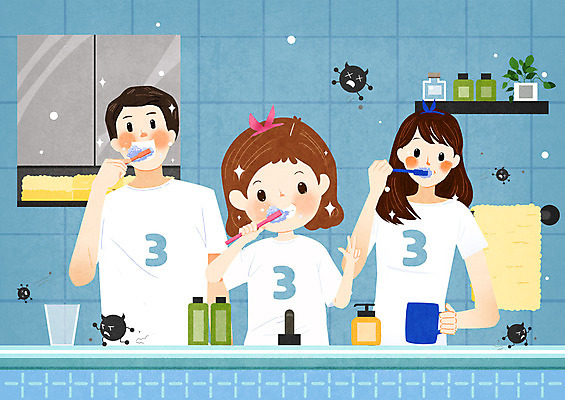 PSD 여자 남자 딸 어린이 하늘색 일러스트 가족 엄마 들기 사람 소녀 성인 세명 욕실 양치 아빠 칫솔 예방 안전수칙 박테리아 국내일러스트 의학 관계 모션 안전 파란색 위생용품 청결 파일형식