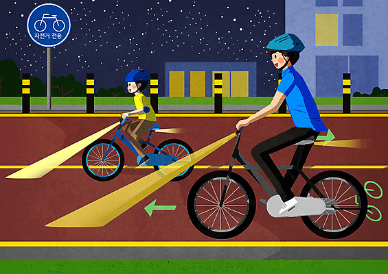 PSD 남자 어린이 일러스트 사람 성인 두명 자전거 야간 안전모 전조등 안전수칙 자전거도로 자전거도로표지판 남자만 국내일러스트 자연요소 조명 안전 바이크 표지판 헬멧 안전장비 전용도로 파일형식