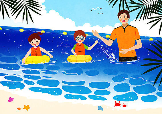 PSD 여자 남자 어린이 바다 일러스트 물놀이 갈매기 사람 소녀 소년 성인 해변 세명 꽃게 안전수칙 구명조끼 튜브 안전요원 국내일러스트 놀이 조류 안전 게 구조용품 파일형식