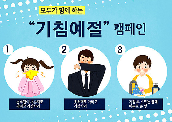 PSD 여자 남자 어린이 캠페인 하늘색 일러스트 사람 소녀 소년 성인 세명 예절 안전수칙 손수건 입가림 손씻기 소매 기침 국내일러스트 안전 파란색 가림 씻기 파일형식