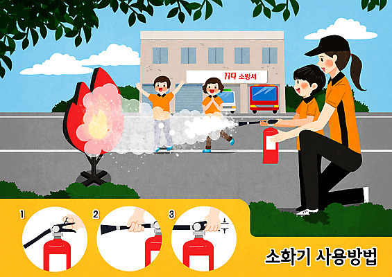 PSD 여자 남자 어린이 일러스트 안내 들기 사람 소녀 소년 여러명 성인 체험 소방관 안전수칙 소화기 소방서 소화기사용법 소방교육 국내일러스트 교육 다수 컨셉 모션 안전 안전장비 구조원 소방 방법 파일형식