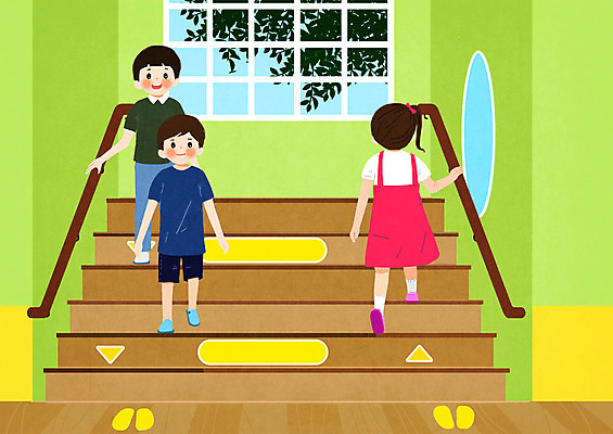 PSD 여자 남자 어린이 일러스트 학교 손잡이 사람 소녀 소년 세명 걷기 계단 복도 안전수칙 어린이안전 좌측통행 어린이만 우측통행 국내일러스트 교육 모션 안전 통행 파일형식