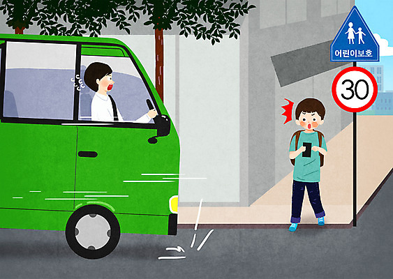 PSD 남자 어린이 일러스트 자동차 경고 사람 소년 성인 두명 스마트폰 놀람 운전 표지판 운전사 골목길 교통사고 안전수칙 스쿨존 어린이보호 어린이보호구역 남자만 국내일러스트 직업 감정 길 육상교통 모션 알림판 표정 안전 핸드폰 스마트기기 사건 보호구역 파일형식