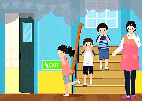 PSD 여자 남자 어린이 일러스트 학교 사람 소녀 소년 여러명 성인 계단 연기 화재 안전수칙 입가림 비상구 대피 행동요령 국내일러스트 교육 다수 안전 가림 사건 파일형식