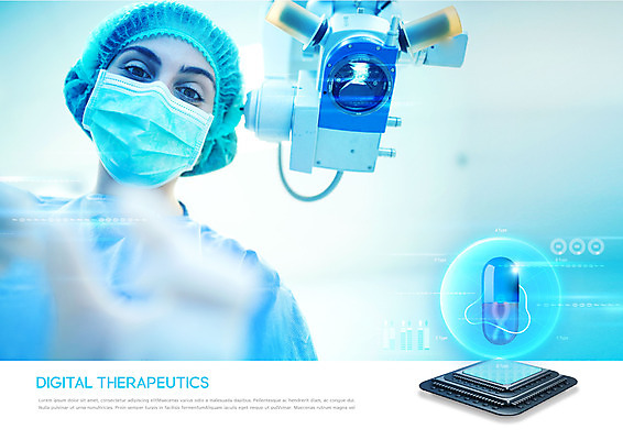 PSD 서양인 외국인 편집이미지 여자 의학 기술 한명 30대 파란색 알약 의사 수술 첨단 디지털치료제 이미지편집 1 컬러 사람 인종 치료 장년 약 의료진 파일형식