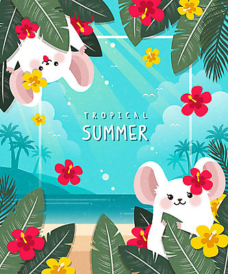 꽃 두마리 일러스트 프레임 해변 사람없음 여름 파란색 여름휴가 바캉스 모래사장 귀여움 야간 야자수잎 프레임일러스트 흰쥐 경자년 국내일러스트 AI파일 자연요소 식물 계절 바다 컬러 컨셉 잎 2 휴가 쥐 파일형식 벡터 2020년 여름_계절