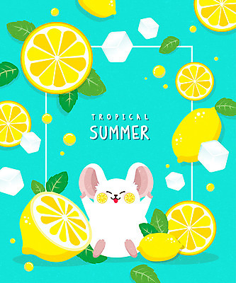 한마리 일러스트 프레임 사람없음 여름 여름휴가 바캉스 귀여움 얼음 레몬 레모네이드 민트색 프레임일러스트 흰쥐 경자년 국내일러스트 AI파일 자연요소 1 계절 컬러 컨셉 과일 휴가 쥐 에이드 파일형식 벡터 2020년 여름_계절