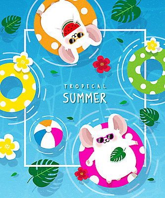 꽃 잎 두마리 일러스트 프레임 수영장 사람없음 여름 파란색 여름휴가 바캉스 귀여움 비치볼 튜브 야자수잎 프레임일러스트 흰쥐 경자년 국내일러스트 AI파일 식물 계절 컬러 컨셉 2 공 휴가 바캉스용품 쥐 파일형식 벡터 2020년 여름_계절