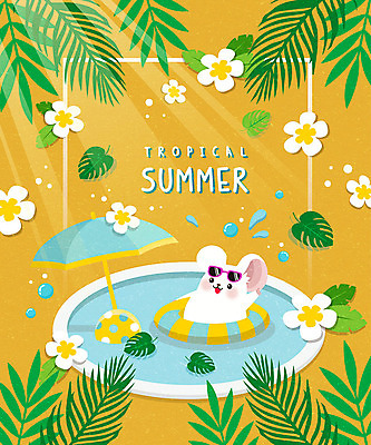한마리 꽃 일러스트 프레임 수영장 사람없음 여름 여름휴가 바캉스 귀여움 주황색 파라솔 비치볼 튜브 야자수잎 수박주스 프레임일러스트 흰쥐 경자년 국내일러스트 AI파일 식물 1 계절 컬러 컨셉 잎 공 휴가 바캉스용품 과일주스 쥐 파일형식 벡터 2020년 여름_계절