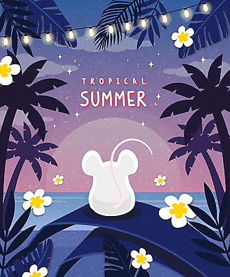 한마리 꽃 일러스트 조명 프레임 해변 사람없음 여름 여름휴가 바캉스 야자수 귀여움 보라색 야자수잎 꼬마전구 여름밤 프레임일러스트 흰쥐 경자년 국내일러스트 AI파일 나무 식물 1 계절 바다 컬러 컨셉 잎 전구 휴가 야간 쥐 파일형식 벡터 2020년 여름_계절