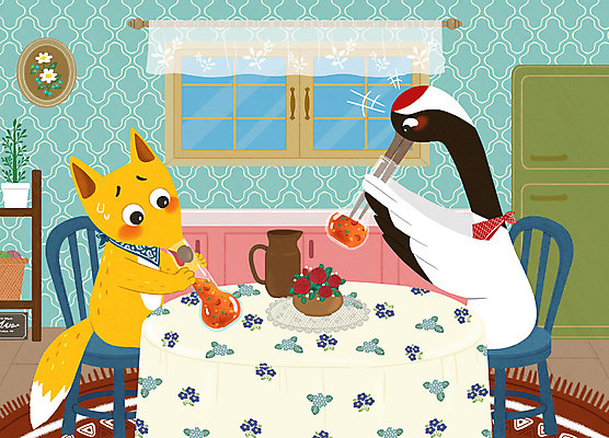 PSD 화분 음식 두마리 일러스트 동화 사람없음 학 마시기 여우 이솝우화 여우와두루미 국내일러스트 2 포유류 모션 조류 이야기 파일형식