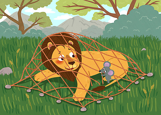 PSD 나무 두마리 일러스트 동화 산 사람없음 초록색 돌_바위 도움 그물 구출 쥐 사자 이솝우화 사자와쥐 국내일러스트 식물 컬러 컨셉 2 포유류 이야기 설치류 파일형식