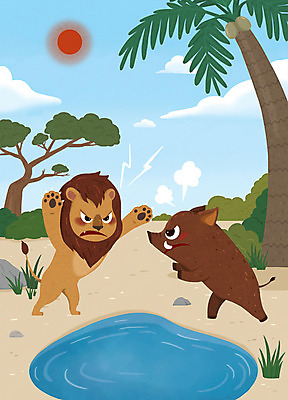 PSD 나무 두마리 일러스트 동화 사람없음 초록색 태양 갈색 사자 경계 싸움 멧돼지 옹달샘 사자와멧돼지 국내일러스트 자연요소 식물 컬러 2 포유류 모션 파일형식 이솝우화