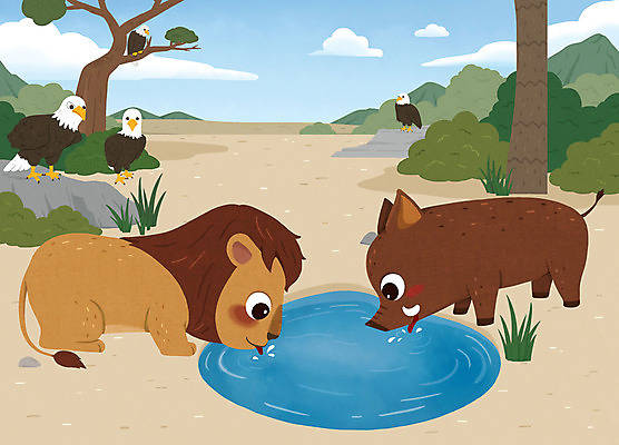 PSD 나무 여러마리 일러스트 동화 사람없음 초록색 갈색 마시기 사자 독수리 멧돼지 수분섭취 옹달샘 사자와멧돼지 국내일러스트 식물 컬러 다수 포유류 모션 조류 파일형식 이솝우화