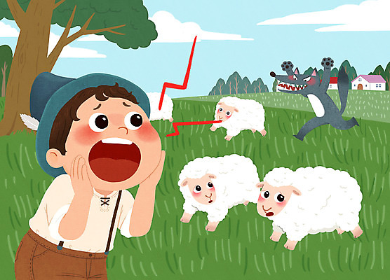 PSD 무료이미지 남자 어린이 여러마리 일러스트 동화 한명 소년 초록색 달리기 양 양치기 공포 늑대 양치기소년 국내일러스트 직업 1 컬러 다수 포유류 모션 사람 파일형식 이솝우화