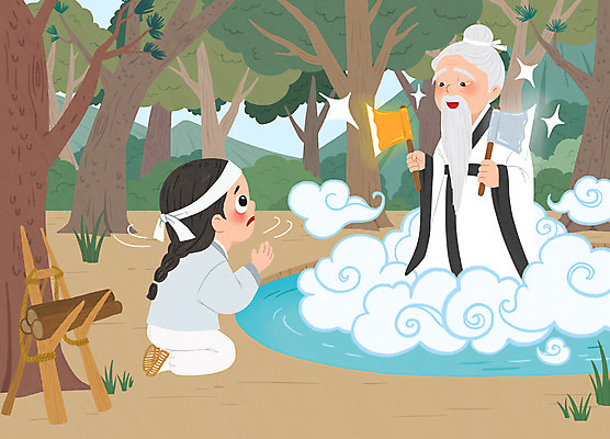 PSD 나무 남자 일러스트 동화 두명 연못 나무꾼 도끼 지게 금도끼은도끼 금도끼 산신령 은도끼 남자만 국내일러스트 식물 사람 파일형식