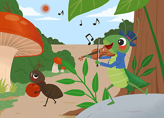 PSD 두마리 일러스트 동화 사람없음 초록색 바이올린 개미 개미와베짱이 베짱이 이솝우화 국내일러스트 컬러 곤충 2 현악기 이야기 파일형식