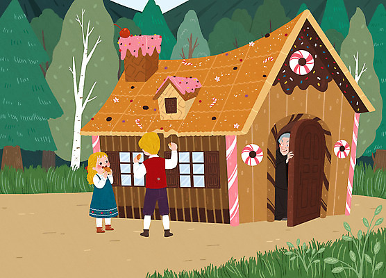 PSD 나무 여자 노년 남자 어린이 일러스트 동화 사탕 소녀 소년 세명 과자 초콜릿 배고픔 마녀 감시 과자집 헨젤과그레텔 국내일러스트 식물 디저트 사람 성인 파일형식