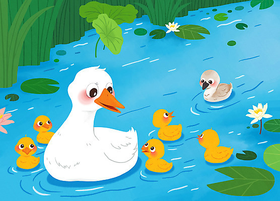 PSD 여러마리 일러스트 동화 오리 연꽃 사람없음 물 파란색 연못 연잎 따돌림 미운오리새끼 제외 국내일러스트 자연요소 꽃 컬러 다수 잎 조류 왕따 파일형식