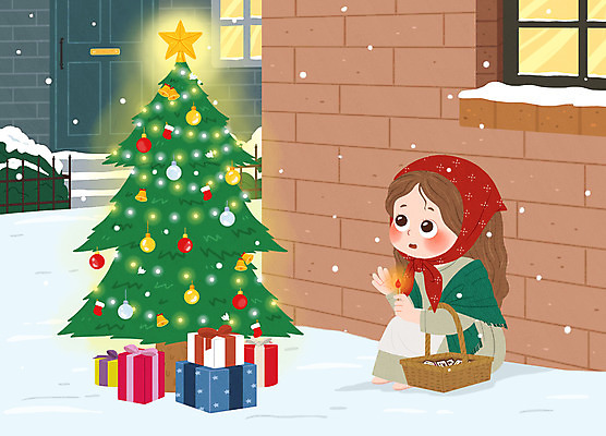 PSD 나무 여자 별 어린이 일러스트 동화 한명 선물상자 크리스마스트리 추위 눈 고독 성냥팔이 성냥팔이소녀 소녀한명만 국내일러스트 자연요소 식물 1 감정 크리스마스 날씨 선물 사람 상자 여자한명만 소녀만 파일형식