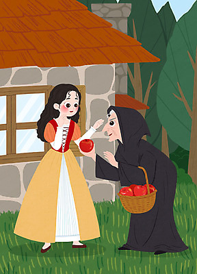 PSD 나무 여자 노년 일러스트 두명 바구니 사과 마녀 백설공주 설레임 사과바구니 여자만 국내일러스트 식물 감정 과일 동화 사람 성인 공주님 파일형식