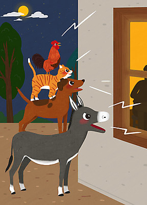 PSD 여러마리 일러스트 동화 사람없음 고양이 어둠 외침 달 닭 개 당나귀 브레멘음악대 국내일러스트 자연요소 다수 포유류 조류 반려동물 소리 말_동물 파일형식