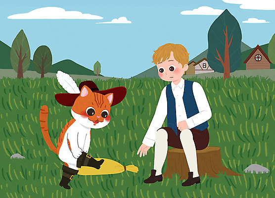 PSD 한마리 남자 일러스트 동화 장화 한명 앉기 소년 잔디 초원 초록색 고양이 주머니 반려 신발신기 장화신은고양이 국내일러스트 식물 1 어린이 컬러 신발 포유류 모션 사람 반려동물 파일형식