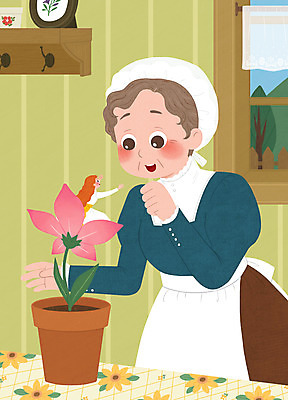 PSD 여자 노년 꽃 화분 일러스트 동화 두명 기쁨 설레임 엄지공주 여자만 국내일러스트 식물 감정 사람 성인 공주님 파일형식