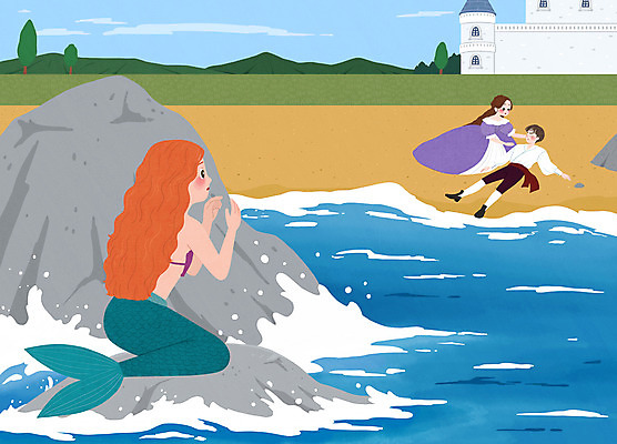 PSD 여자 남자 바다 일러스트 동화 세명 파란색 바위 성 인어공주 인어 숨기 왕자 국내일러스트 건축물 컬러 모션 사람 돌_바위 공주님 파일형식