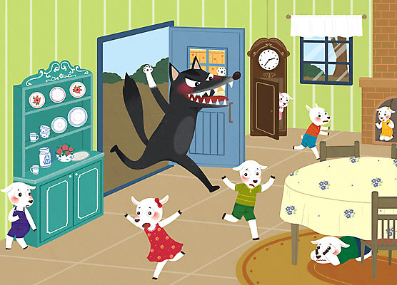 PSD 시계 여러마리 일러스트 창문 식탁 동화 집안 염소 사람없음 무서움 공포 늑대 침범 늑대와일곱마리아기염소 무단 국내일러스트 감정 다수 포유류 탁자 실내 파일형식