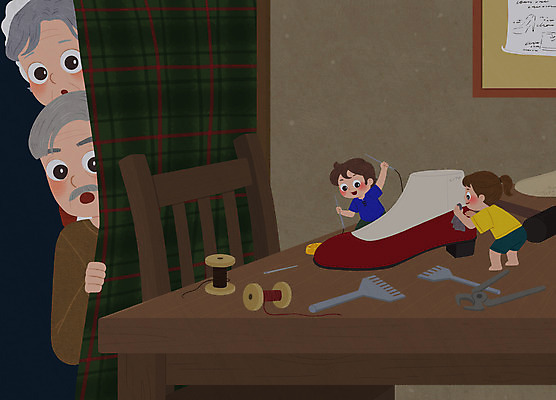 PSD 여자 노년 남자 구두 일러스트 동화 여러명 갈색 어둠 놀람 공구 실 책상 만들기 구두가게 꼬마요정 꼬마요정과구두가게 국내일러스트 감정 컬러 가구 다수 신발 모션 요정 표정 사람 성인 도구 신발가게 파일형식