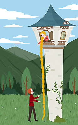 PSD 나무 여자 남자 일러스트 산 두명 초록색 머리카락 탑 기쁨 성 라푼젤 반가움 국내일러스트 식물 건축물 감정 컬러 동화 사람 머리 공주님 파일형식