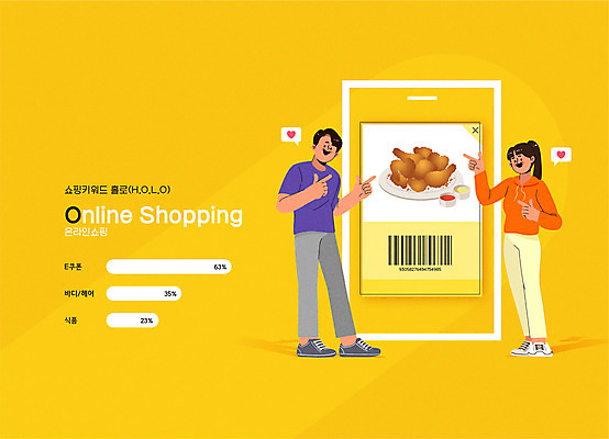 전신 여자 남자 일러스트 모바일 성인 두명 경제 쇼핑 노란색 치킨 배송 택배 바코드 신조어 온라인 기프티콘 성인만 비대면서비스 홀로라이프 랜선라이프 국내일러스트 AI파일 라이프스타일 컬러 사람 운송업 서비스 닭고기요리 파일형식 벡터 유행어 언택트