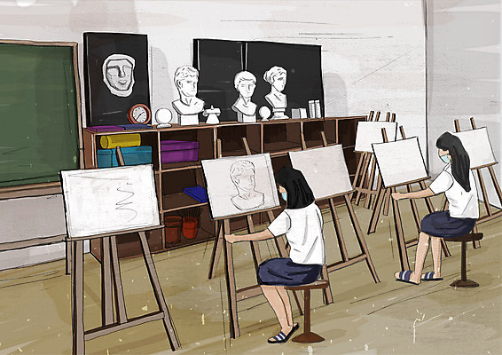 PSD 학생 여학생 여자 교육 교복 의자 일러스트 청소년 마스크 미술 안전 사람 두명 칠판 그리기 사회이슈 스케치북 이젤 화실 캔버스 석고상 미술실 에듀 에듀케이션 십대여자만 스쿨팩 코로나바이러스 사회적거리두기 생활방역 델타변이바이러스 국내일러스트 옷 캠페인 가구 컨셉 모션 문화예술 학용품 미술도구 바이러스 방역 여자만 십대만 파일형식