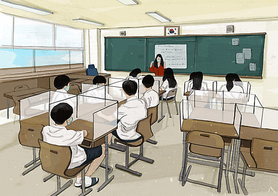 PSD 학생 여자 교육 남자 교복 의자 일러스트 교실 청소년 마스크 안전 사람 앉기 풍경 여러명 성인 교사 칠판 사회이슈 책상 가림막 에듀 에듀케이션 스쿨팩 코로나바이러스 사회적거리두기 생활방역 델타변이바이러스 대면 국내일러스트 직업 옷 캠페인 가구 다수 컨셉 학교 모션 바이러스 방역 파일형식