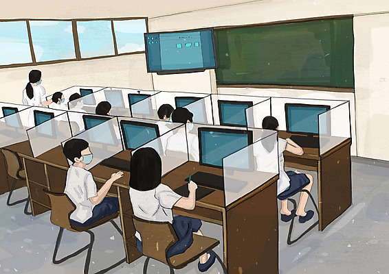 PSD 학생 여자 교육 남자 교복 일러스트 청소년 마스크 안전 사람 앉기 여러명 성인 컴퓨터 모니터 교사 칠판 사회이슈 책상 컴퓨터실 가림막 에듀 에듀케이션 스쿨팩 코로나바이러스 사회적거리두기 생활방역 델타변이바이러스 대면 국내일러스트 직업 옷 캠페인 가구 다수 컨셉 교실 모션 전자제품 바이러스 방역 파일형식