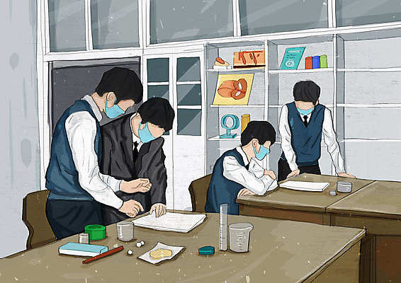 PSD 학생 교육 남자 교복 일러스트 청소년 실험기구 실험 마스크 안전 사람 여러명 사회이슈 비커 과학실 에듀 에듀케이션 십대남자만 스쿨팩 코로나바이러스 사회적거리두기 생활방역 델타변이바이러스 국내일러스트 옷 캠페인 과학 다수 컨셉 바이러스 방역 남자만 십대만 파일형식
