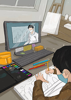 PSD 학생 교육 남자 일러스트 청소년 모바일 색연필 마스크 안전 사람 성인 사람없음 두명 컴퓨터 교사 물감 미술도구 그리기 사회이슈 물통 스케치북 미술교육 에듀 에듀케이션 온라인강의 남자만 스쿨팩 코로나바이러스 사회적거리두기 생활방역 랜선라이프 델타변이바이러스 국내일러스트 직업 라이프스타일 캠페인 컨셉 모션 학용품 미술 전자제품 바이러스 강의 오브젝트 방역 파일형식 언택트