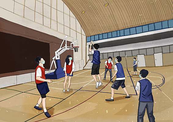 PSD 학생 여자 교육 남자 일러스트 청소년 농구 마스크 안전 사람 여러명 사회이슈 체육관 체육시간 체육복 에듀 에듀케이션 십대만 스쿨팩 코로나바이러스 사회적거리두기 생활방역 델타변이바이러스 국내일러스트 캠페인 다수 컨셉 수업 운동복 구기 바이러스 체육 방역 파일형식