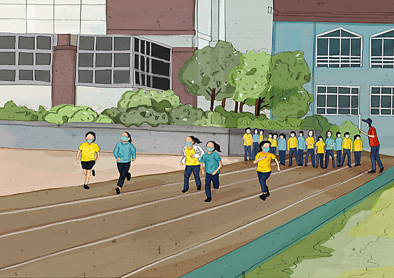 PSD 학생 여자 교육 남자 초등학생 어린이 일러스트 학교 마스크 안전 사람 소녀 소년 여러명 성인 달리기 교사 운동장 사회이슈 체육시간 에듀 에듀케이션 스쿨팩 코로나바이러스 사회적거리두기 생활방역 델타변이바이러스 국내일러스트 직업 캠페인 다수 컨셉 스포츠시설 모션 수업 공간 바이러스 방역 파일형식