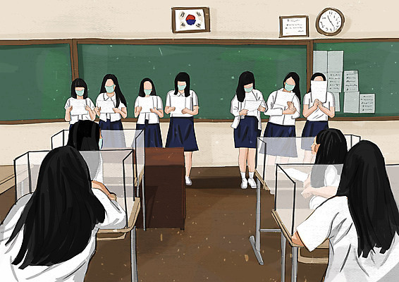 PSD 학생 응시 여학생 여자 교육 교복 일러스트 교실 청소년 마스크 들기 안전 사람 여러명 사람없음 칠판 발표 사회이슈 책상 가림막 에듀 에듀케이션 십대여자만 스쿨팩 코로나바이러스 사회적거리두기 생활방역 델타변이바이러스 국내일러스트 시선 옷 캠페인 가구 다수 컨셉 학교 모션 바이러스 방역 여자만 십대만 파일형식