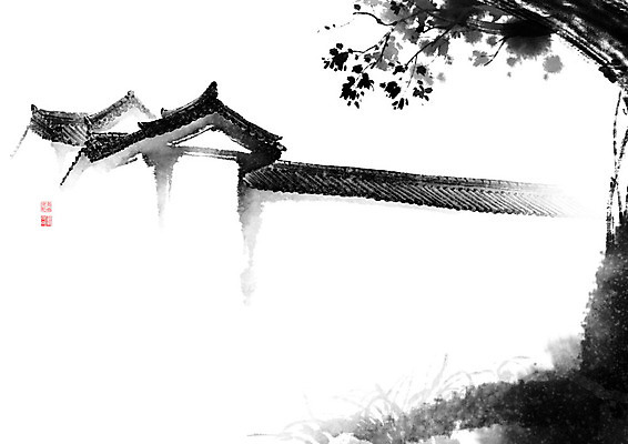 PSD 나무 한국전통 전통 고건축 일러스트 캘리그라피 지붕 붓터치 나뭇잎 한옥 기와 사람없음 나뭇가지 번짐 국내일러스트 식물 건축물 잎 한국 파일형식 효과