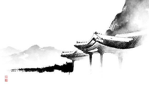 PSD 한국전통 전통 고건축 일러스트 캘리그라피 지붕 붓터치 산 한옥 기와 사람없음 번짐 국내일러스트 건축물 한국 파일형식 효과