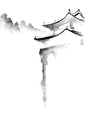 PSD 한국전통 전통 고건축 일러스트 캘리그라피 지붕 붓터치 산 한옥 기와 사람없음 번짐 국내일러스트 건축물 한국 파일형식 효과