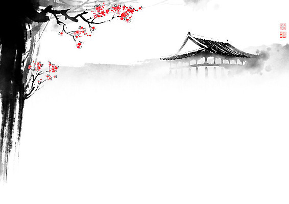 PSD 나무 한국전통 전통 꽃 고건축 일러스트 캘리그라피 붓터치 산 한옥 기와 사람없음 나뭇가지 번짐 국내일러스트 식물 건축물 한국 파일형식 효과
