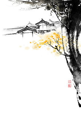 PSD 나무 한국전통 전통 꽃 고건축 잎 일러스트 캘리그라피 붓터치 한옥 기와 사람없음 담장 나뭇가지 번짐 국내일러스트 식물 건축물 한국 파일형식 효과