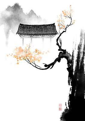 PSD 나무 한국전통 전통 꽃 고건축 잎 일러스트 캘리그라피 붓터치 산 한옥 기와 사람없음 나뭇가지 번짐 국내일러스트 식물 건축물 한국 파일형식 효과